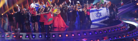 The finalists on stage from semi final 1 of the Eurovision Song Contest in Lisbon, 2018