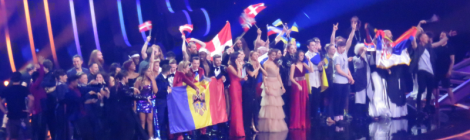 The finalists on stage from semi final 1 of the Eurovision Song Contest in Lisbon, 2018