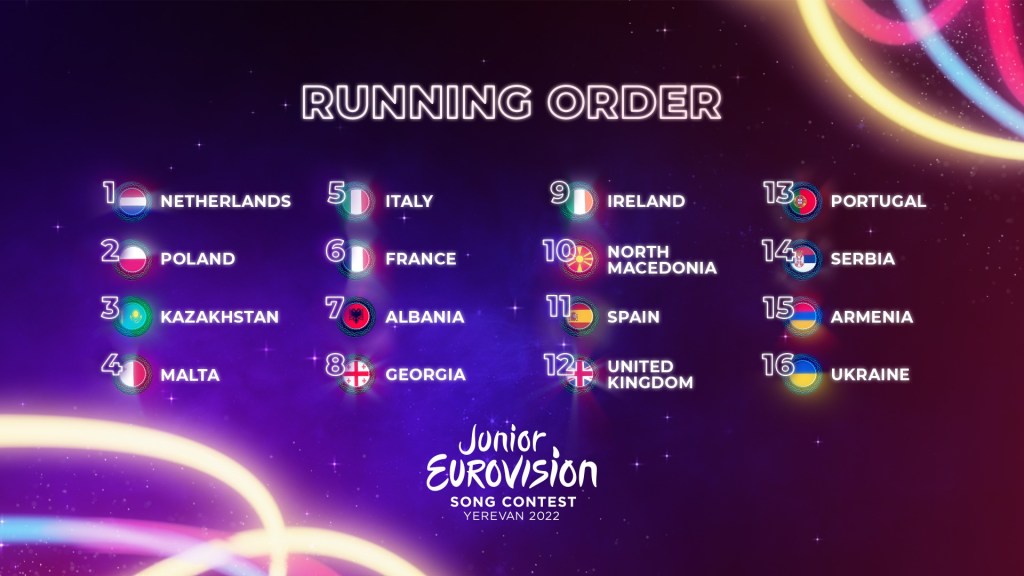 Running Order of the Junior Eurovision Song Contest 2022 - Preview - Top 16 - Yerevan